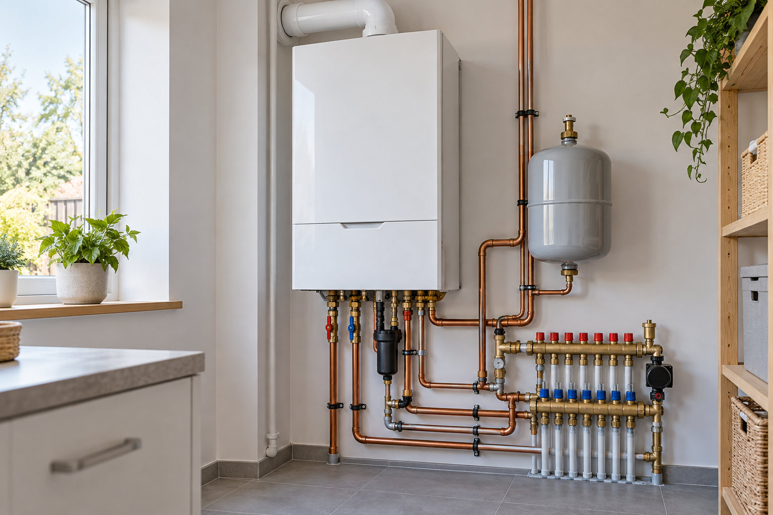 A wall-mounted combi system with heating pipes