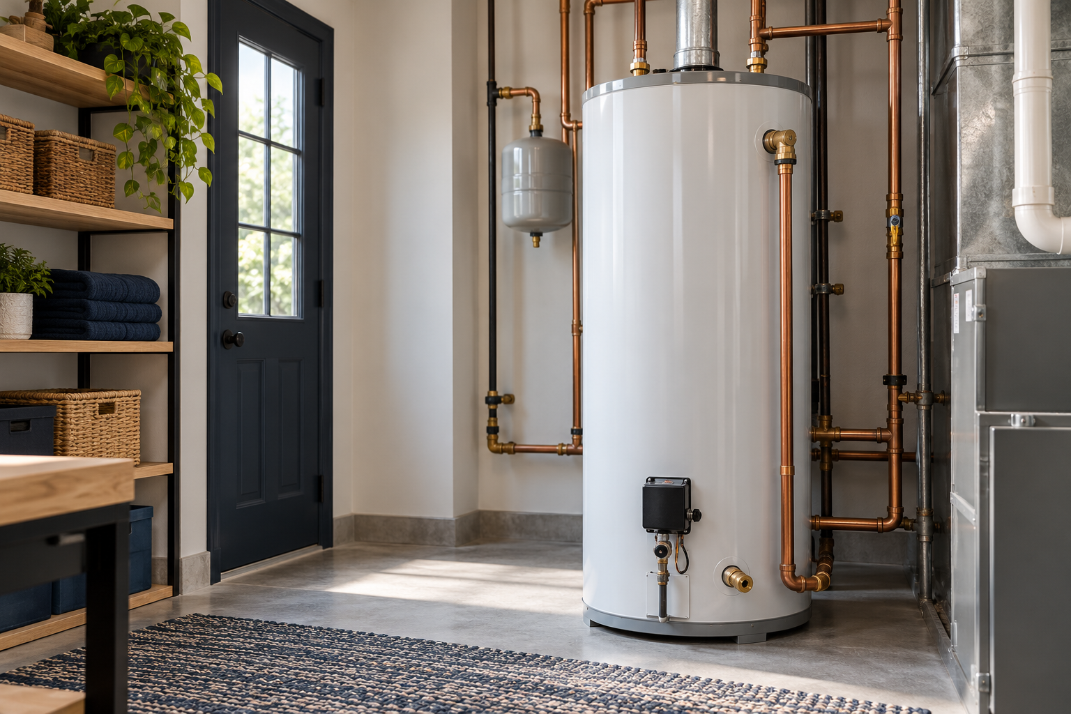 A traditional tank water heater in a utility room